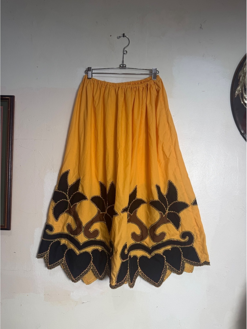 Yellow and Black Floral Embroidered Midi Skirt